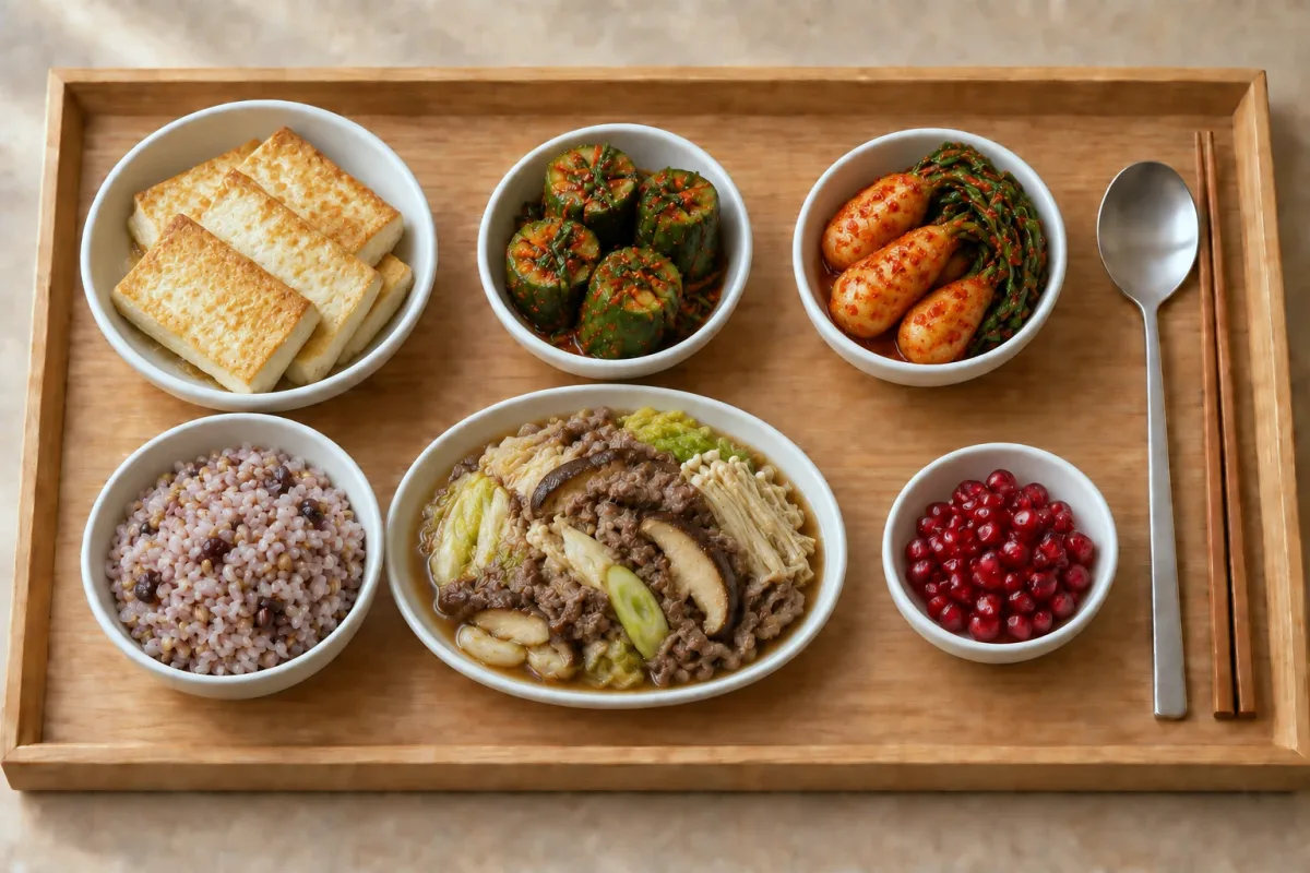금요일 저녁 한상 — 잡곡밥, 소고기 버섯전골(건더기 위주), 두부 구이, 오이소박이, 총각김치, 디저트 석류