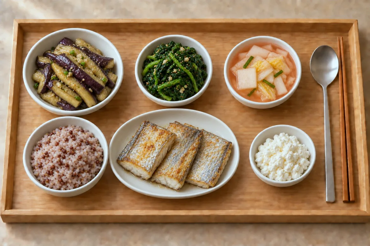 토요일 저녁 한상 — 수수밥, 갈치 구이, 가지 나물, 시금치 무침, 나박김치, 디저트 코티지치즈