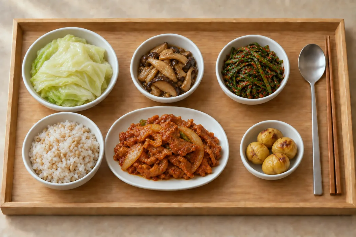 목요일 저녁 한상 — 보리밥, 제육볶음, 양배추 쌈, 버섯 조림, 부추김치, 디저트 밤