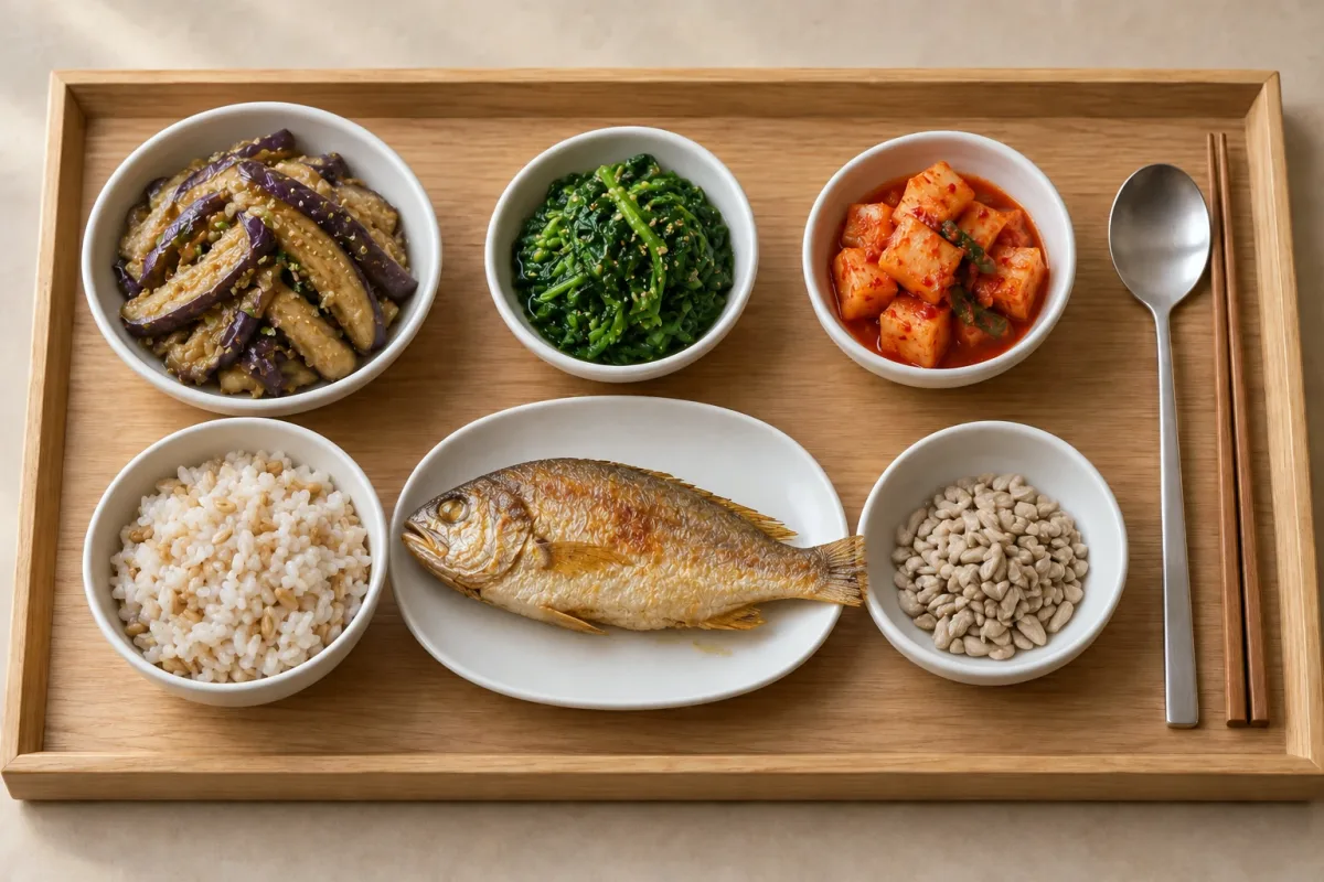 화요일 저녁 한상 — 보리밥, 조기 구이, 가지 나물, 시금치 무침, 깍두기, 디저트 해바라기씨